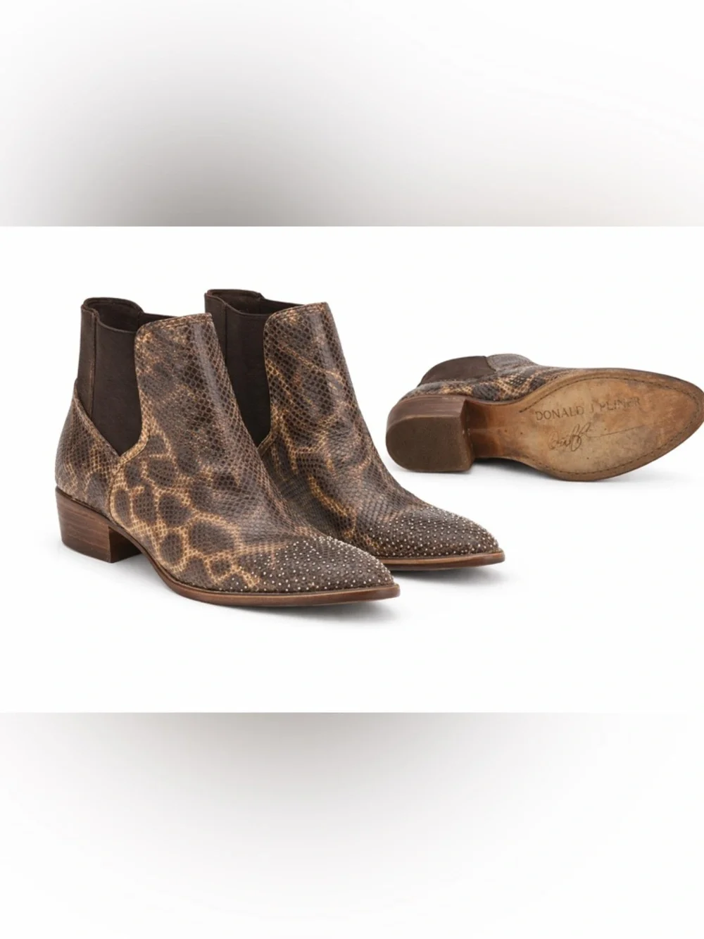 Donald J. Pliner Brown Snake-Print Studded Leather Ankle Booties